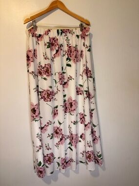 SHEIN Curve 4XL Cream Pink Floral Elastic Waist Midi Skirt Plus Size